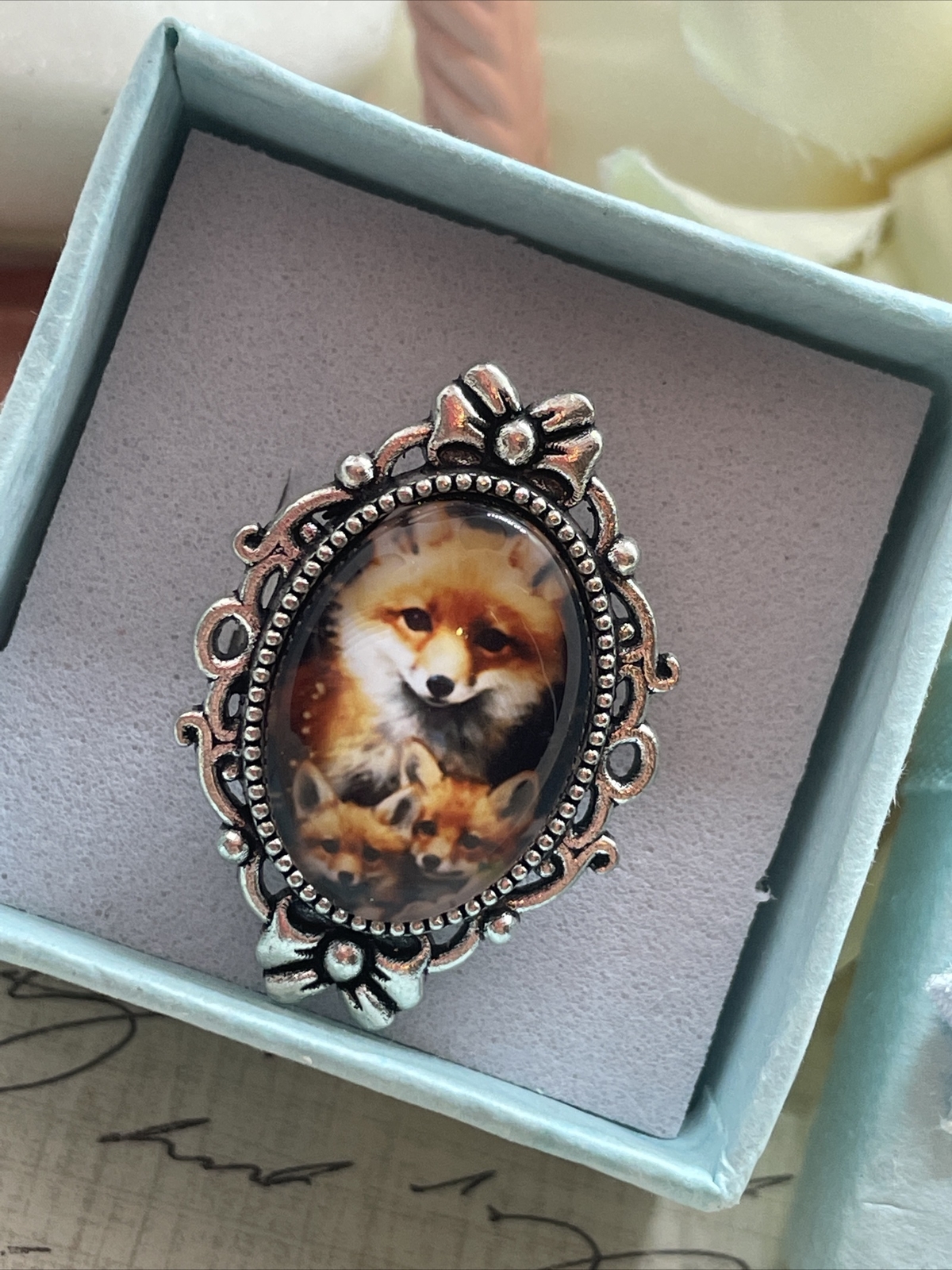 Silver Fox Family Kit Mom Nature Renaissance Gift Ring Adjustable Festival