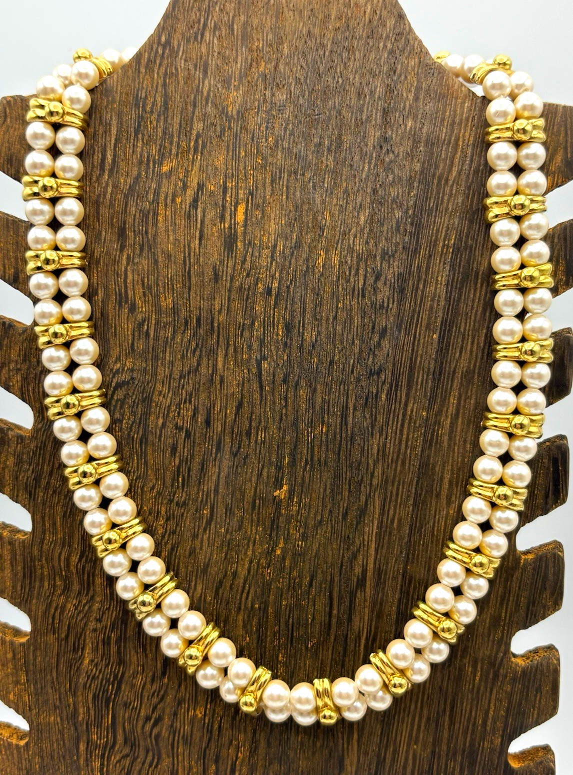 Monet Signed Double Strand Faux Pearl Gold Tone Choker Necklace Hook Clasp
