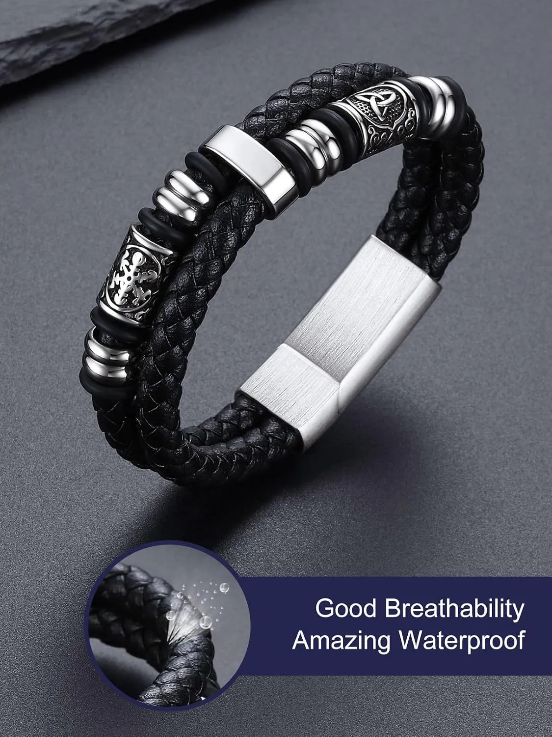 Men Black Double Wax Rope Bracelet Waterproof Stainless Steel Celtic Knot 7 9…
