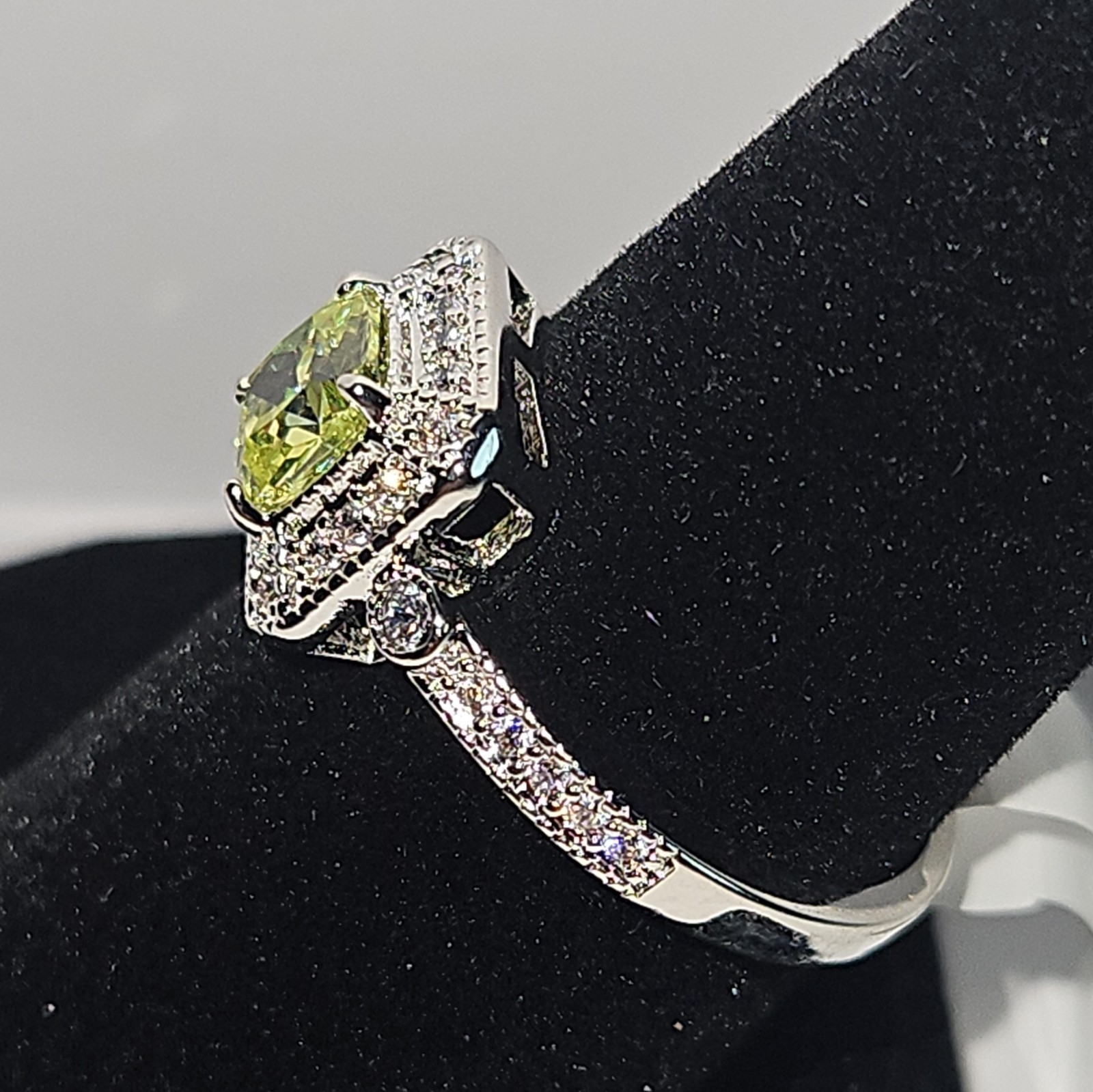 RBP2400 Lab-Created Lime Green Peridot White Topaz Halo Rhodium Ring Size 7