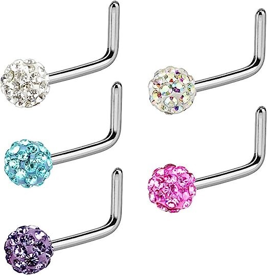 5Pcs L Shape Nose Studs 20G Surgical Steel 3mm Ferido Ball Nose Rings Piercing