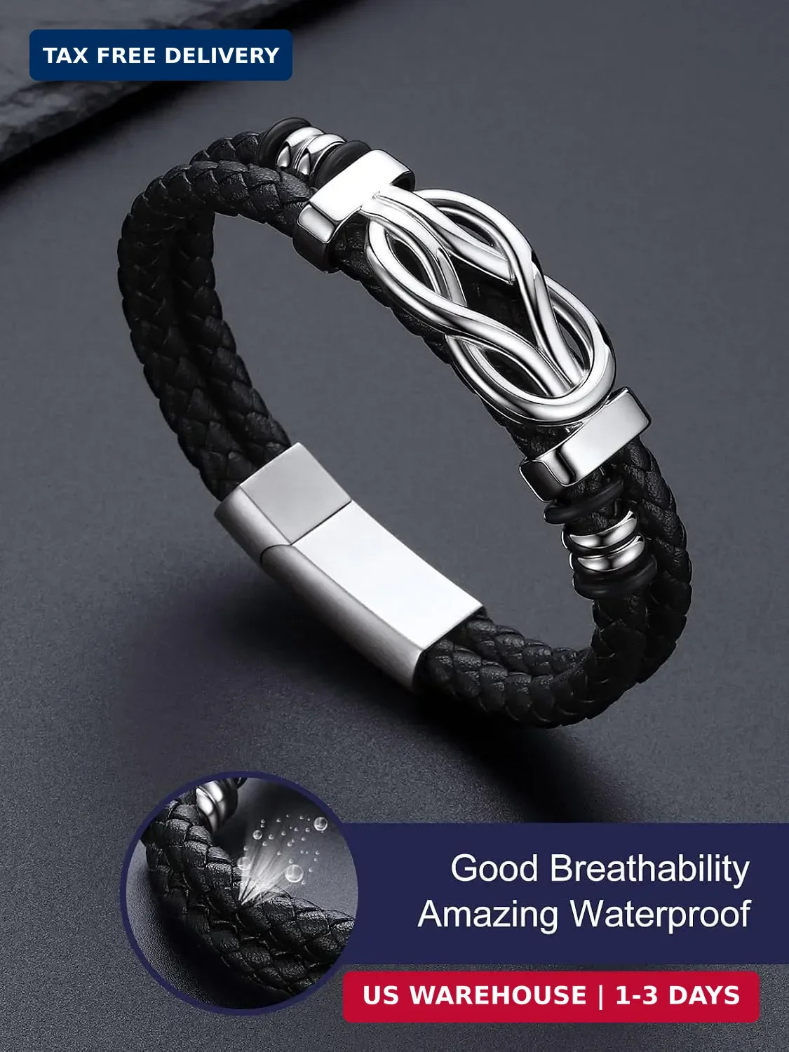 Infinity Love Knot Bracelet for Men Black Leather Love Link Cuff Bracele