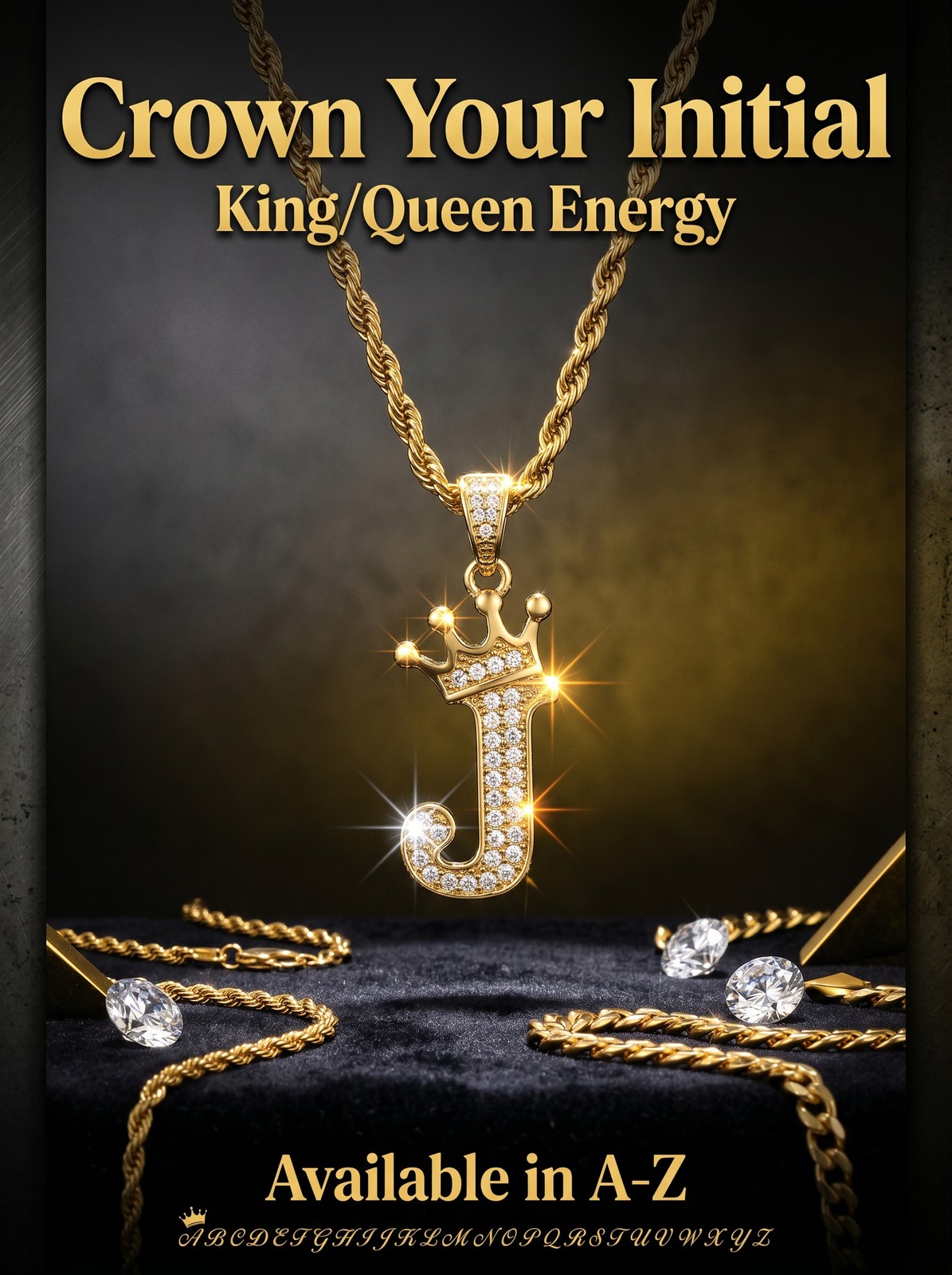 Crown Letter Necklace – Bling Rhinestone Initial Pendant with Gold Chain
