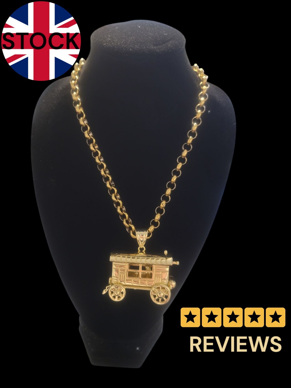 Gold Plated Belcher Chain And Gypsy Romany Vardo Pendant. Bling Roma Wagon
