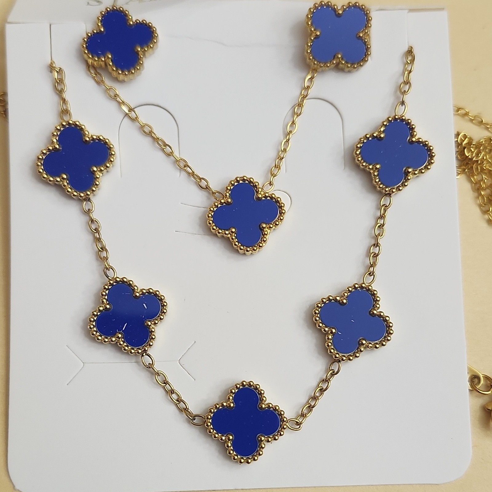 Set Of 3 Pieece 18 K Yellow Gold Plated Cable Chain Necklace Blue Clover