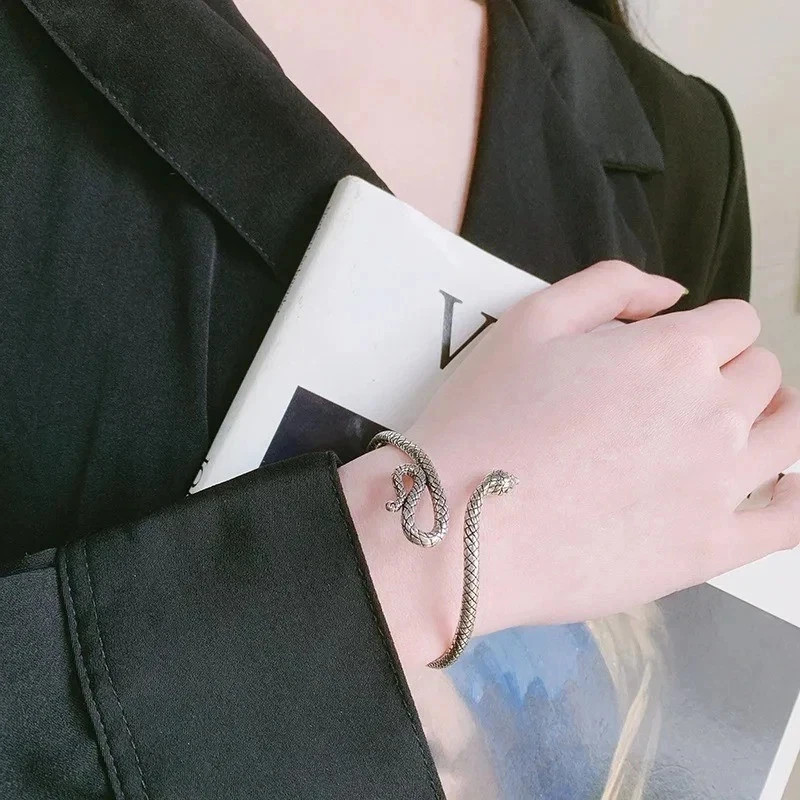 Women Bracelet Retro Snake Punk Elegant 925 Sterling Silver Cuff Vintage Bangle