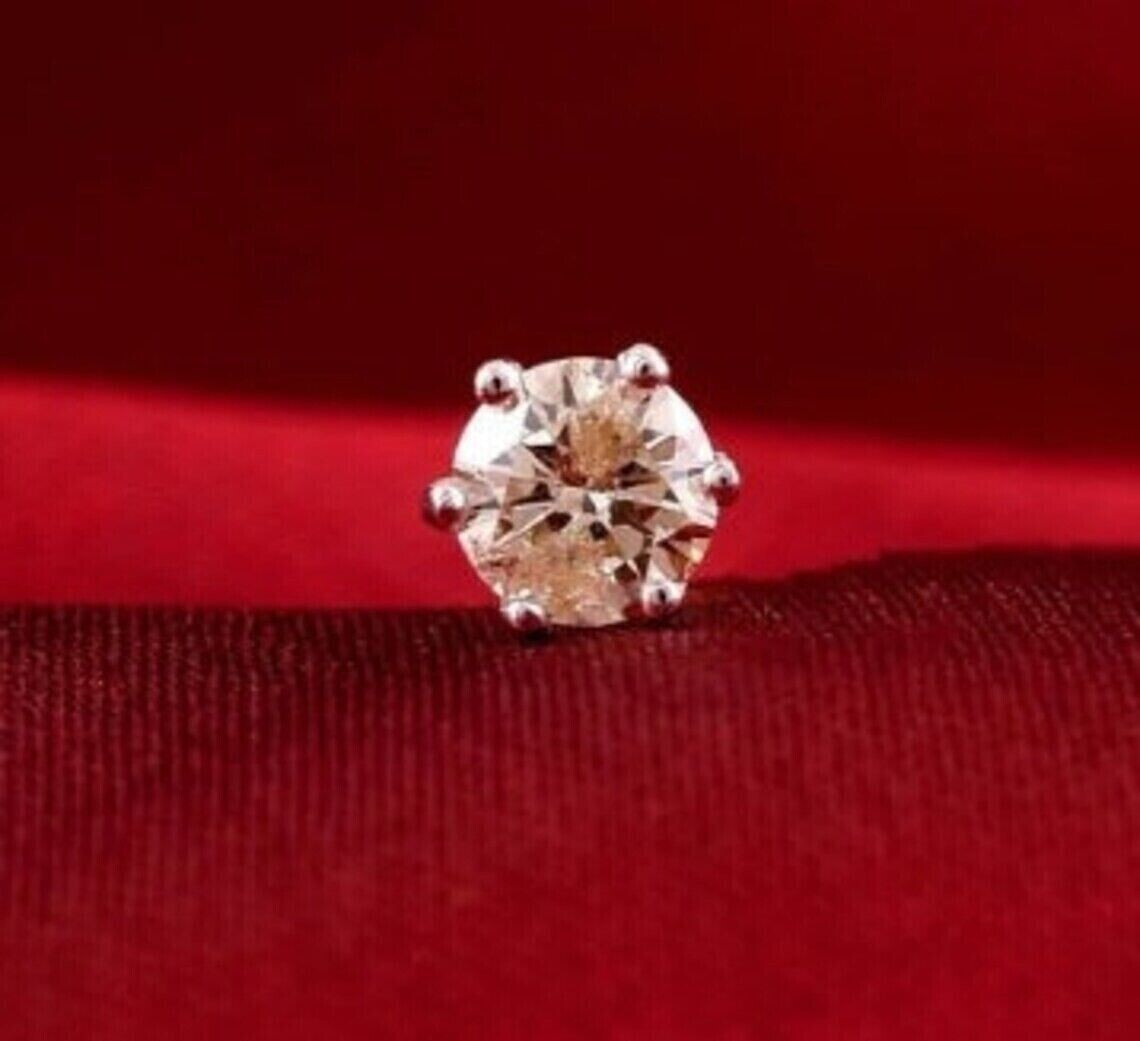 3MM Round Cut Natural Diamond Solitaire Nose Pin Screw Piercing 14K Yellow Gold
