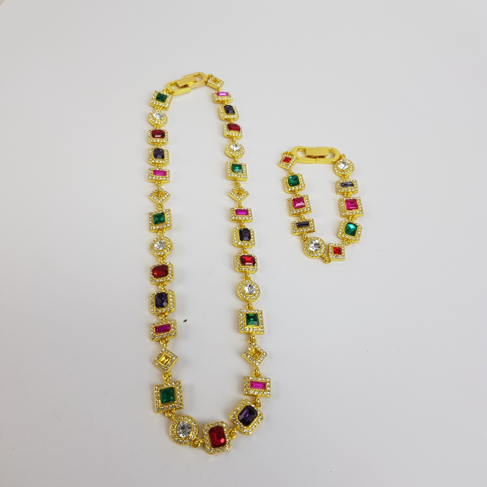 NEW Gold Toned Multi Coloured Gem Halo Set Necklace & Bracelet Set Unboxed