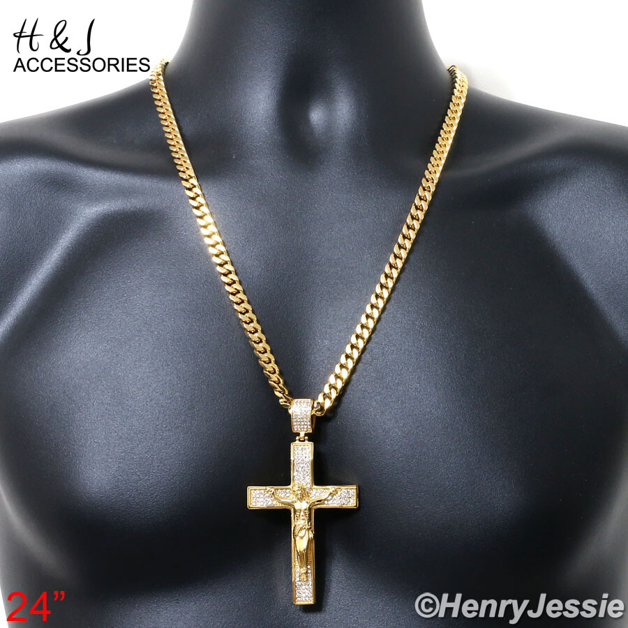 18-40″Stainless Steel 7mm Gold Plated Miami Cuban Chain BIG CZ Cross Pendant*142