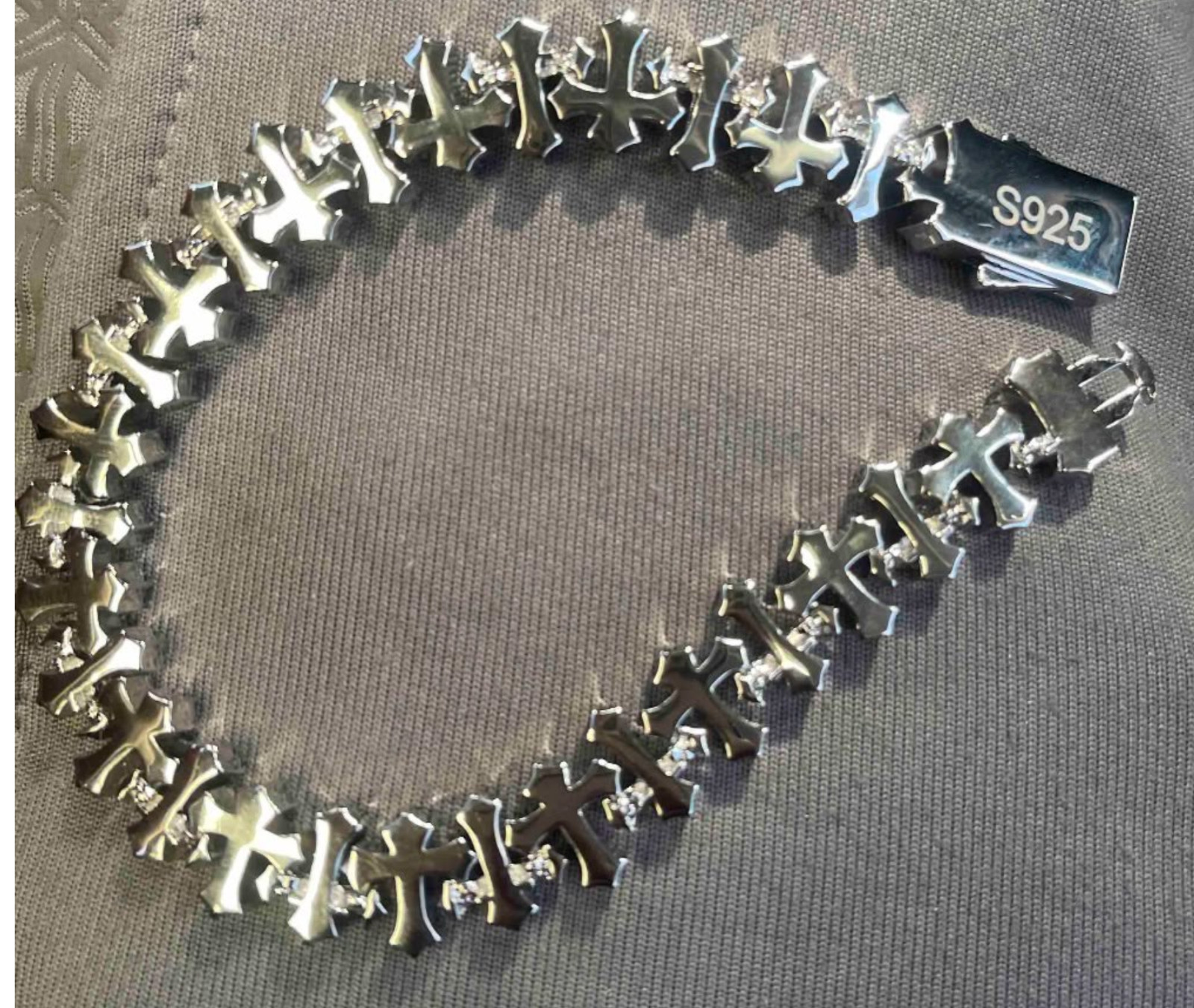 925 Sterling Silver Cross Link Bracelet VVS Moissanite Iced Out 8 in
