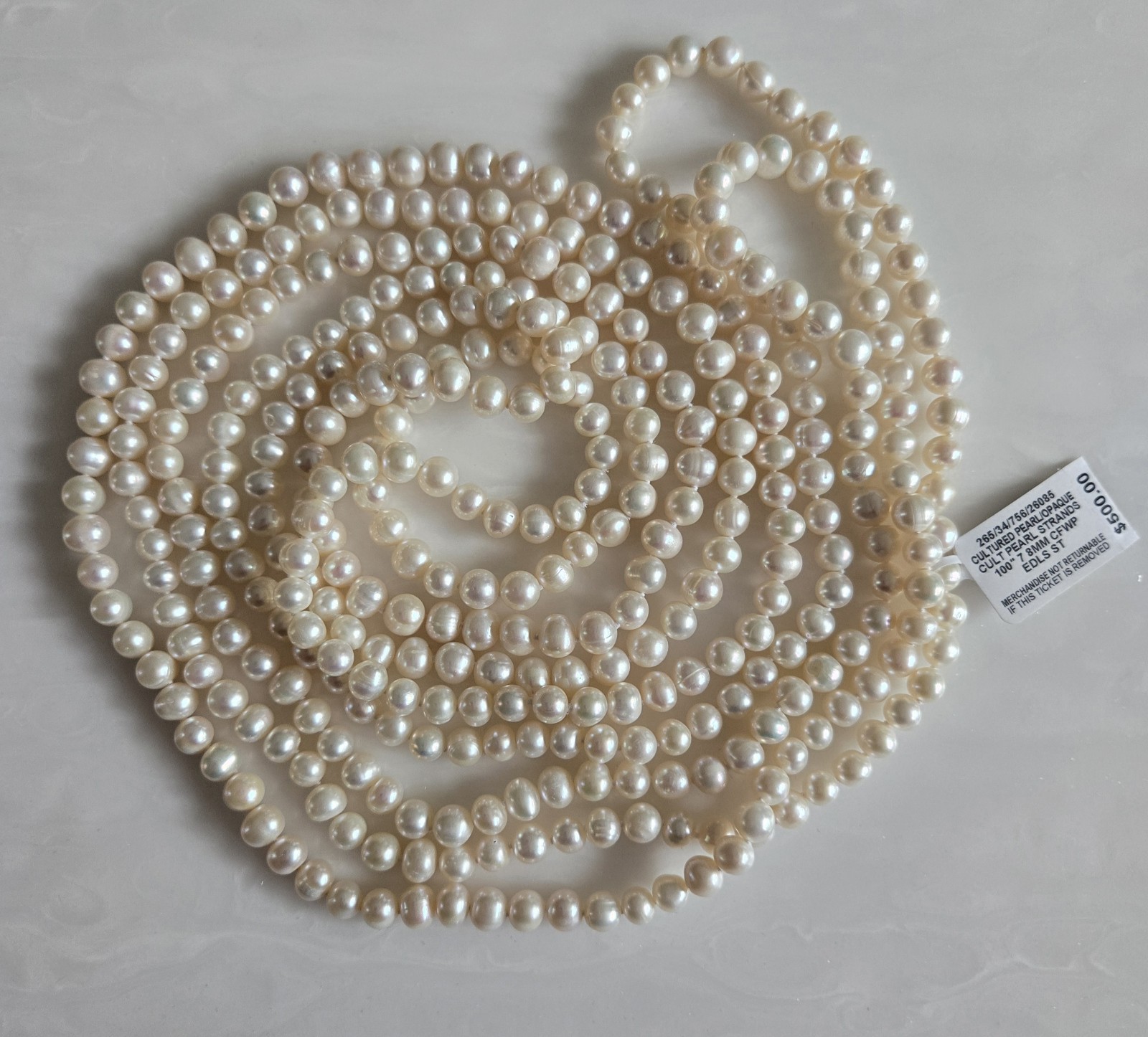 Cultured Freshwater Pearl CFWP Opaque White 100″ Endless Strand Necklace 7-8mm