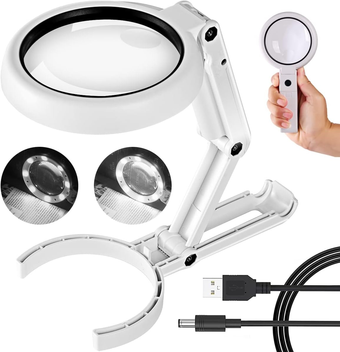 30X 10X Magnifying Glass with Light and Stand, Foldable Handheld Large Magnifyin