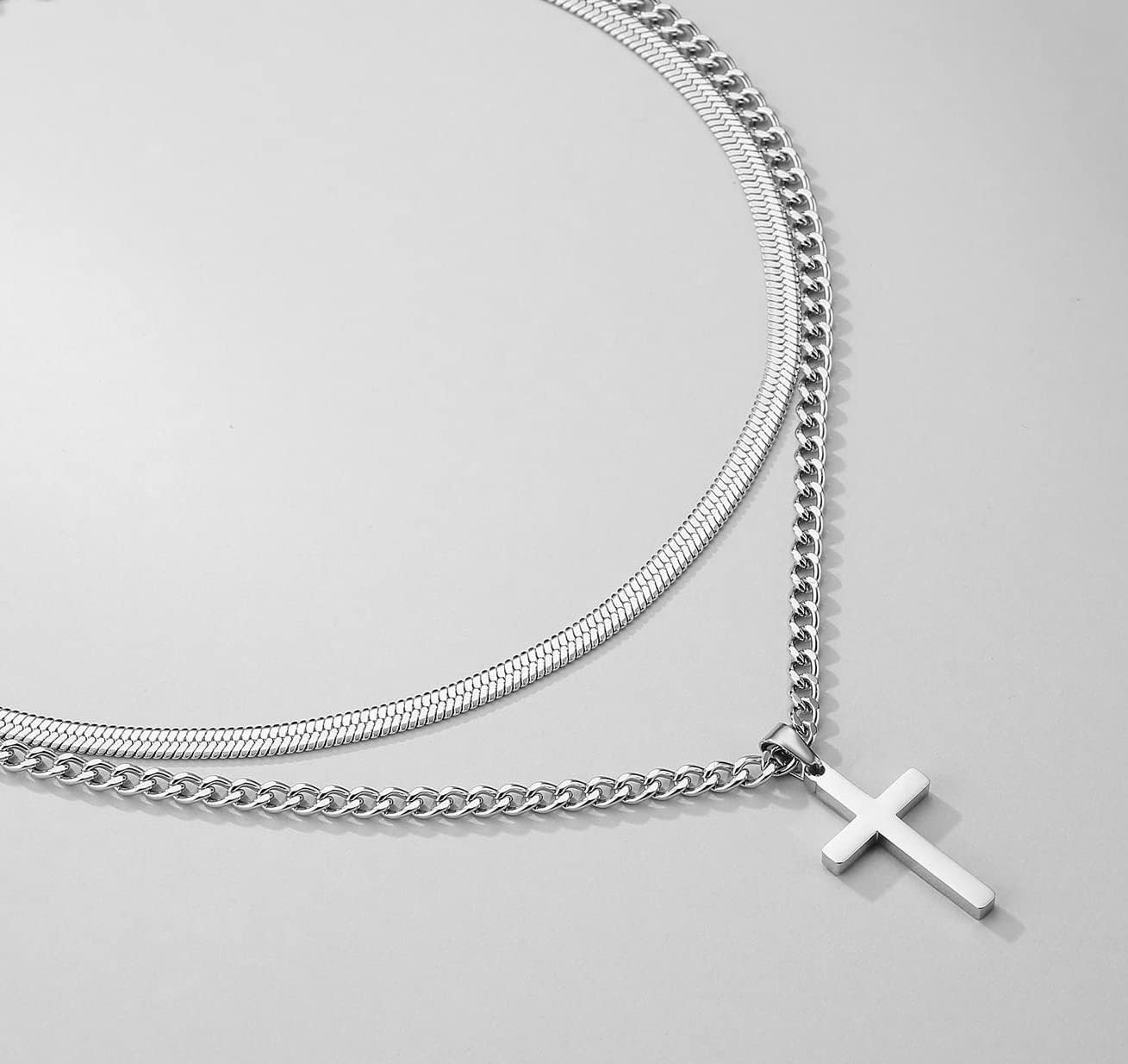 Cross Necklace for Men Boys, Stainless Steel Layered Cuban Link Herringbone Chai