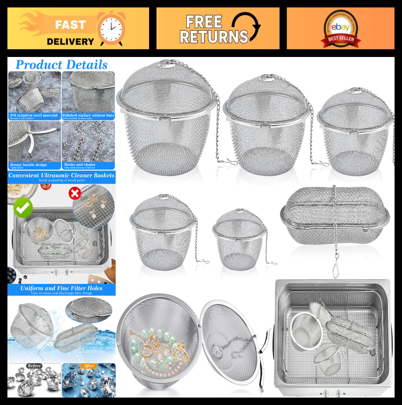 6 Pcs Ultrasonic Cleaner Baskets – Stainless Steel Jewelry & Watch Parts Mesh Ba