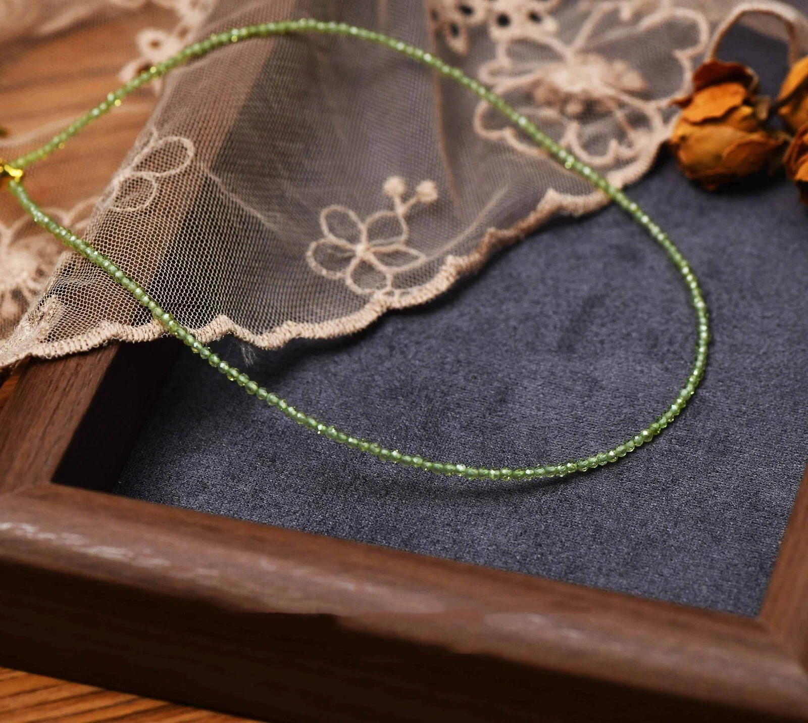 Delicate Peridot 2mm Faceted Rondelle Gemstone Beaded Healing Choker Necklace