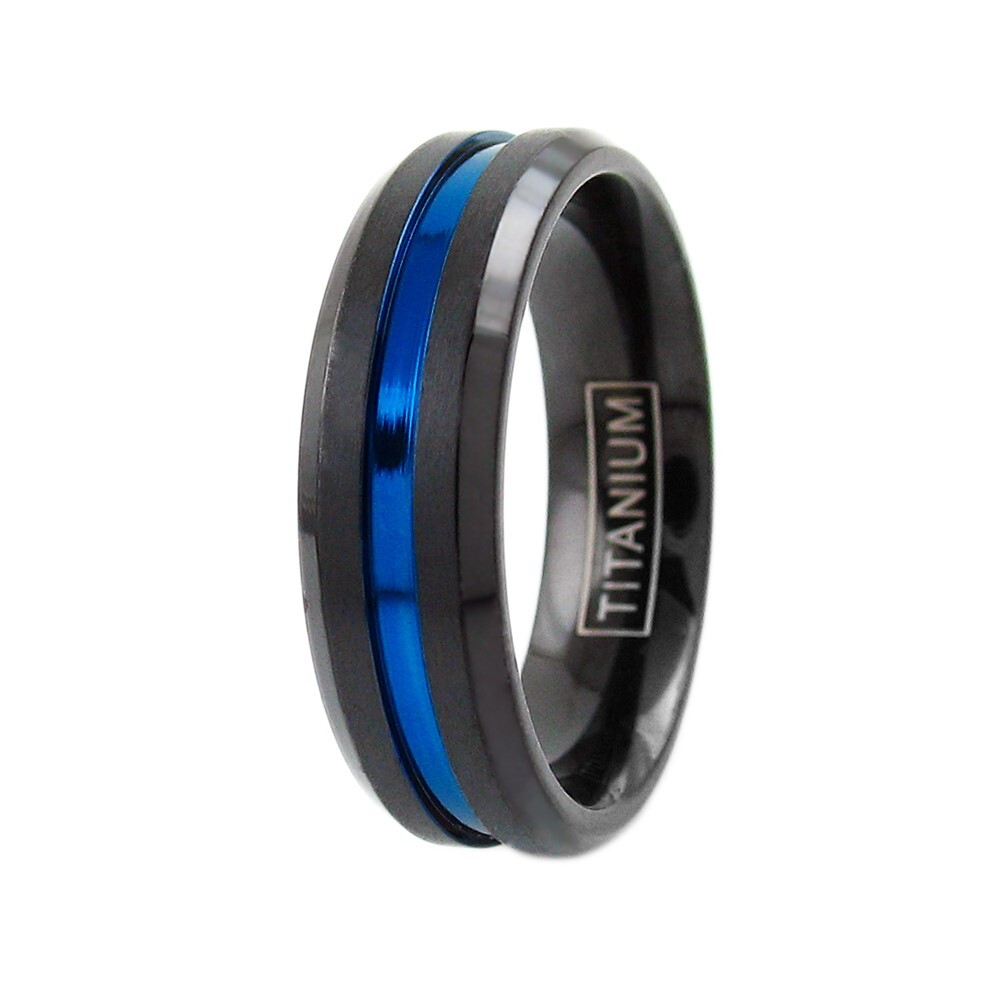 6/8mm Black Titanium Men’s Thin Blue Line Brushed Wedding Band Ring