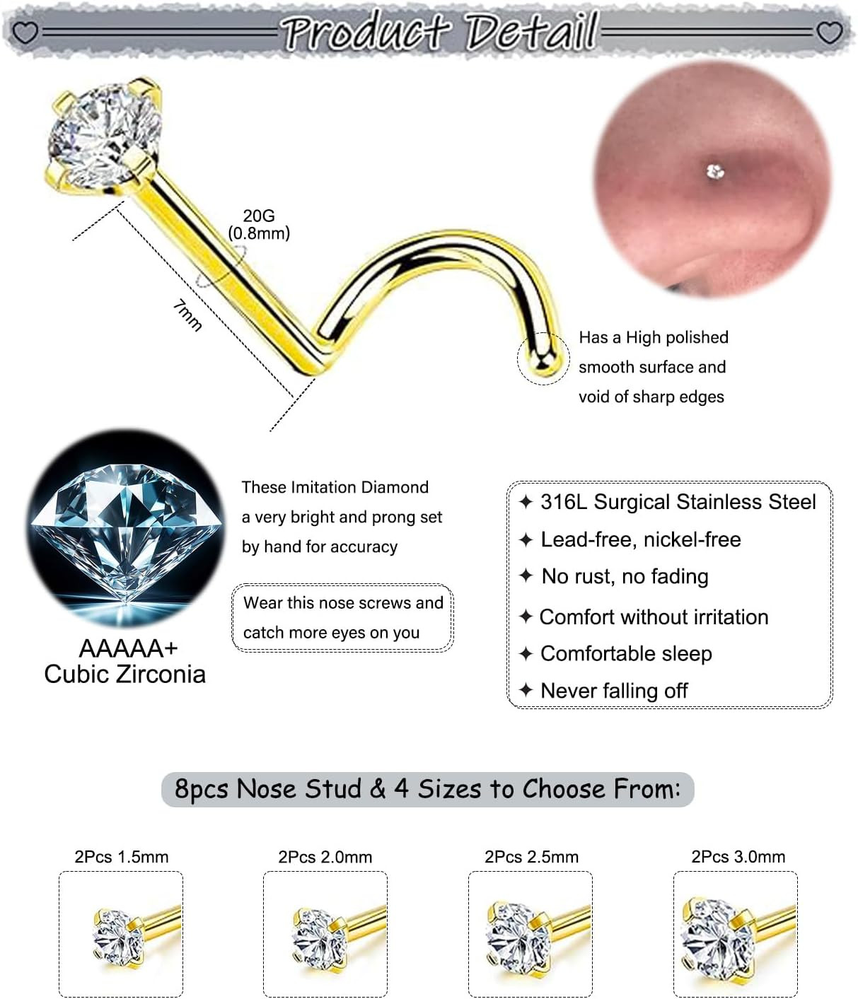 Nose Rings Studs Set for Women Men: Hypoallergenic 8Pcs 8pcs 20gauge Gold