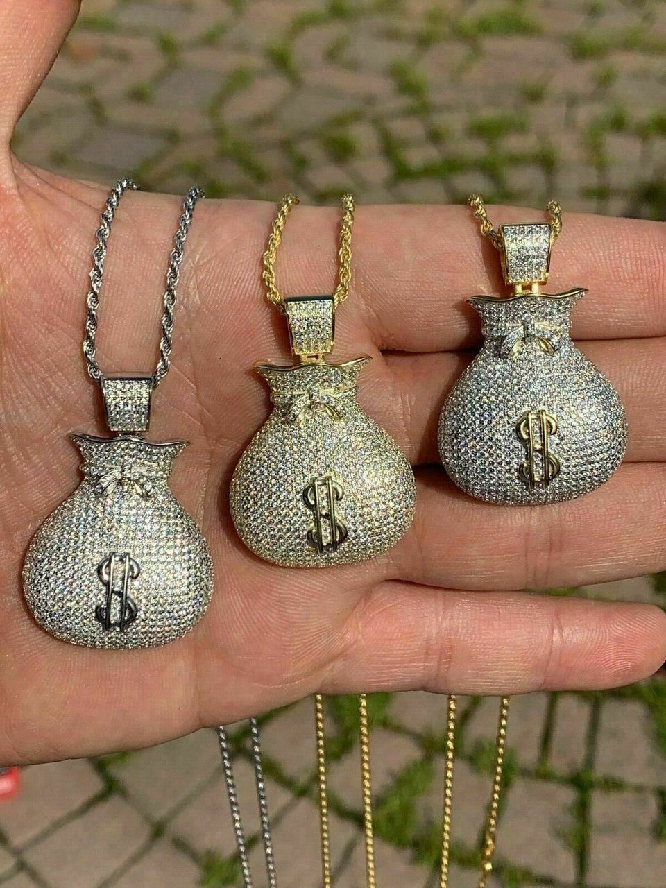 Solid 925 Silver 14k Gold Plated Money Bag CZ Dollar Sign Hip Hop Necklace