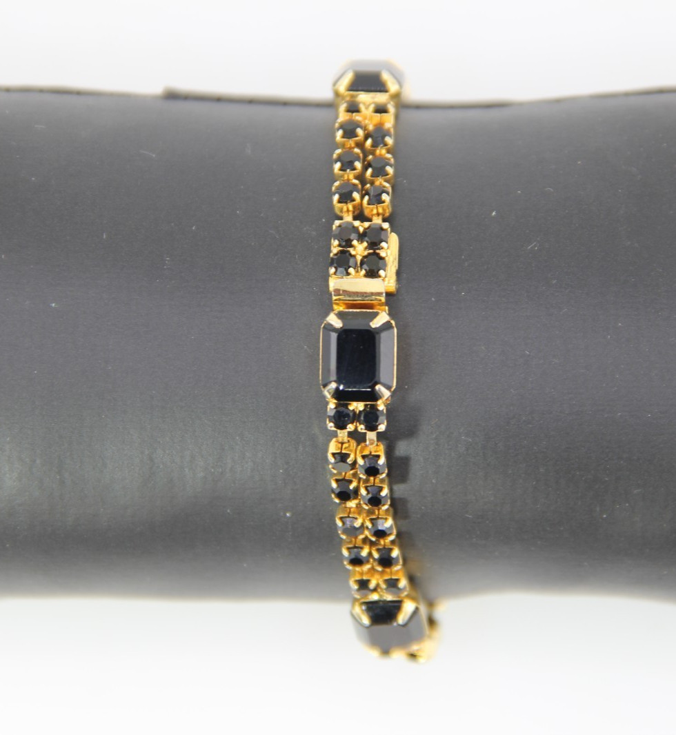 Vintage Bracelet Black Prong Set Rhinestones Push Lock, Czech Republic 1980
