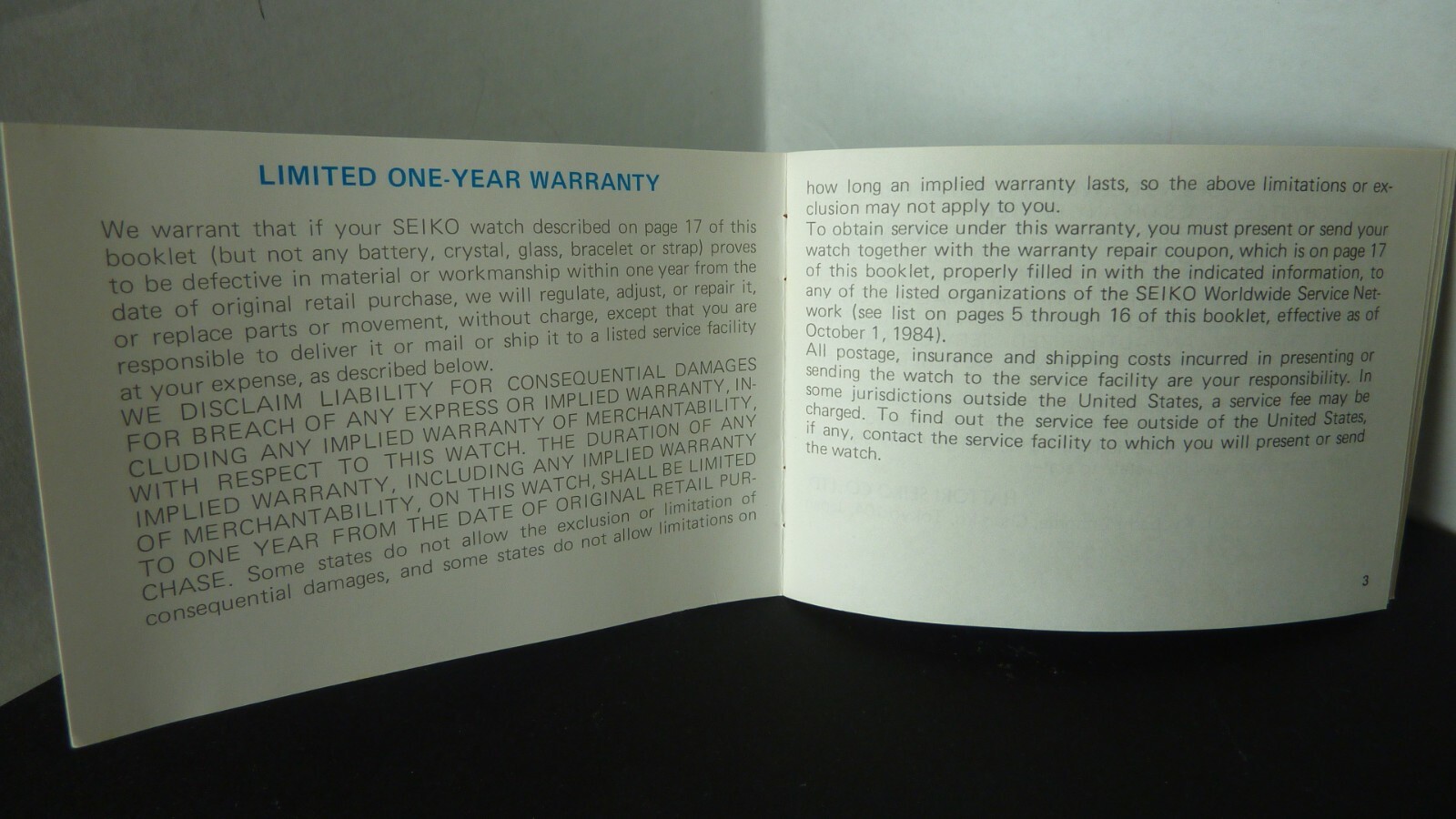Seiko Limited One-Year Warranty Card Unused Worldwide Service.