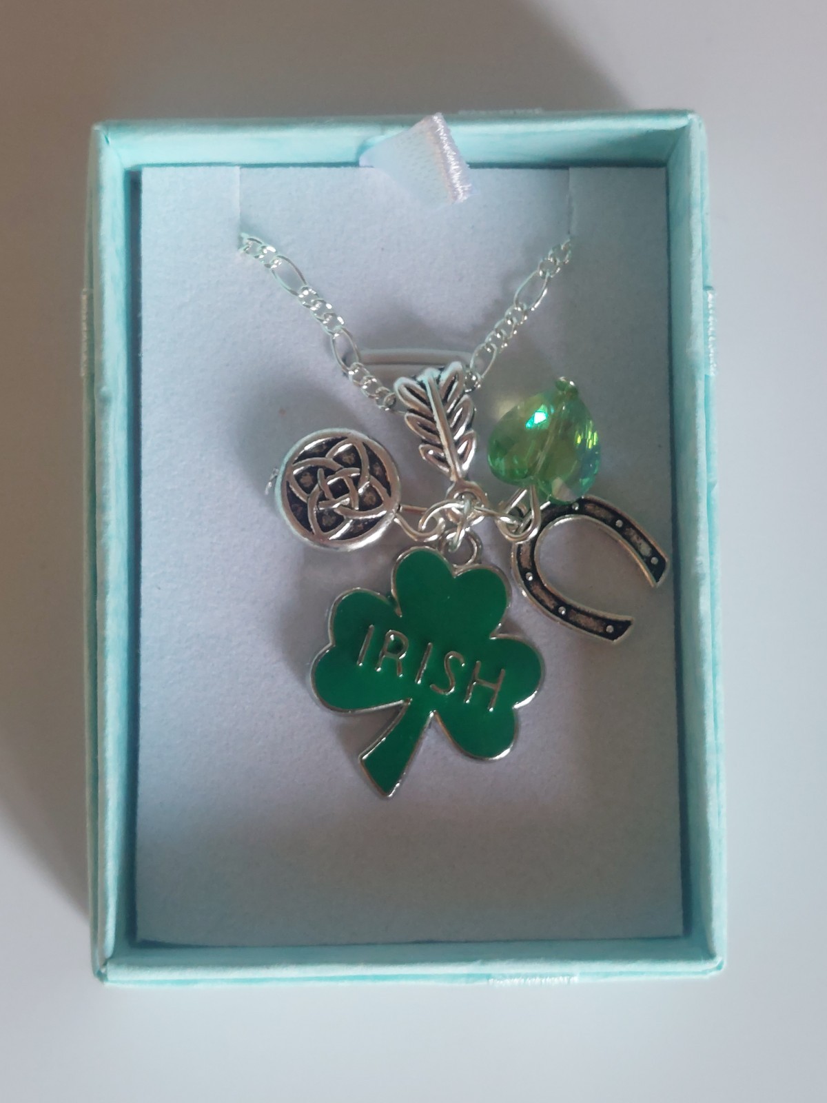 Sterling Silver 22 Inch Chain Green enamel Irish shamrock Serch Bythol heart