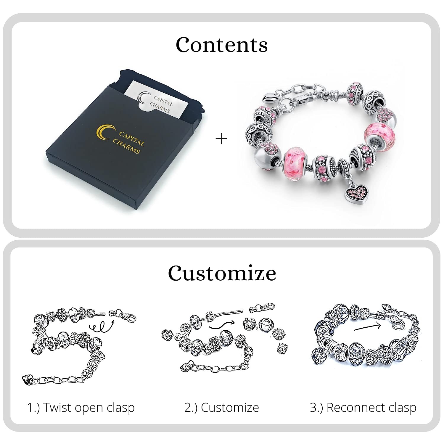 Capital Charms Pink Hearts Silver Plated Charm Bracelet Set, Jewelry Gifts wi…