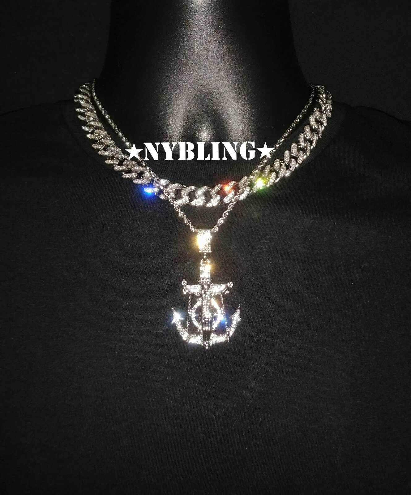Miami Cuban Chain CZ Necklace, Rope Chain, Jesus Anchor Pendant Plated, 3PC Set
