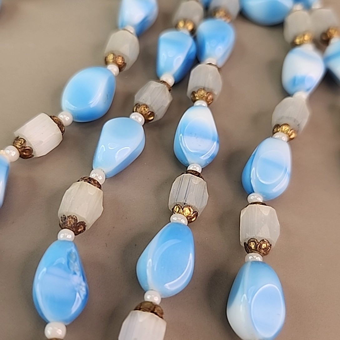 Vintage Glass Beaded Necklace Oval Blue White Frosted Atlas Endless 34″