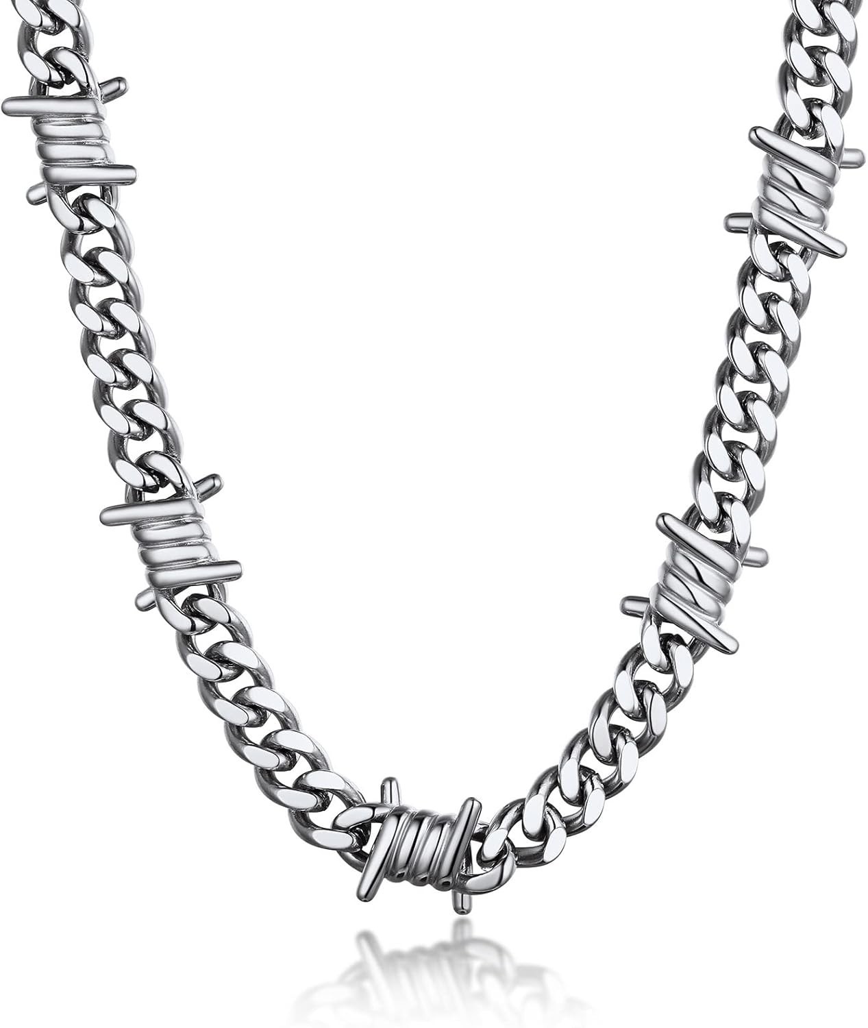 Barbed Wire Cuban Chain Necklace for Women Men Stainless Steel/Black Thorns C…