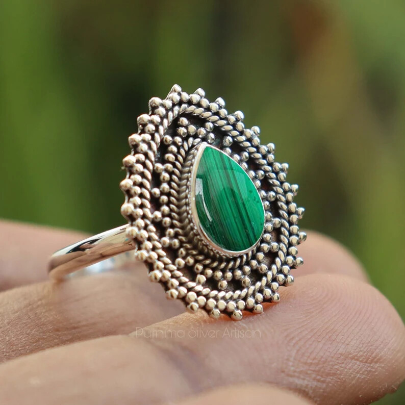 Malachite 925 Sterling Silver Band& Statement Ring Handmade Ring All Size-U-134