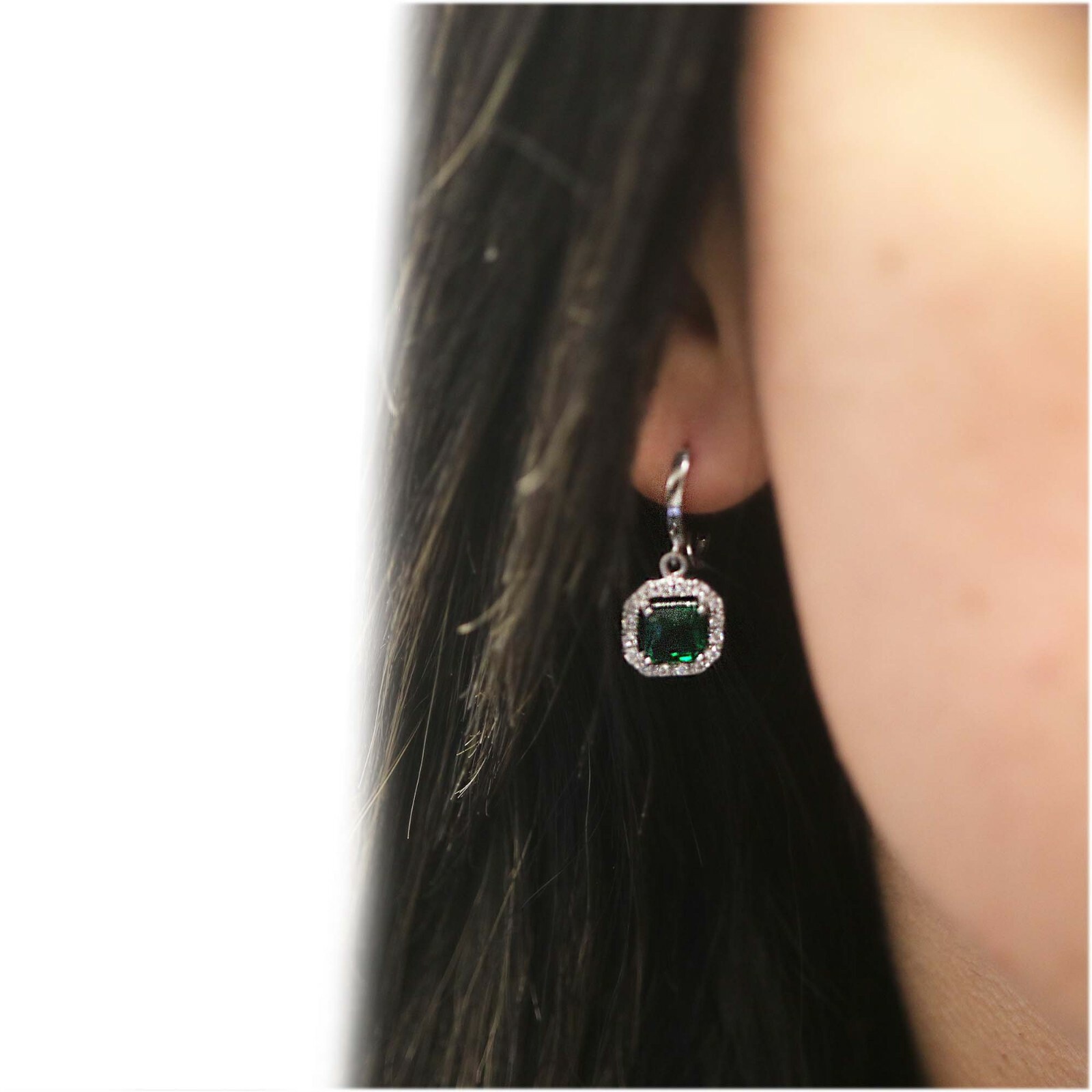 925 Sterling Silver Lab Created Emerald Princess Cut Halo Leverback Earrings