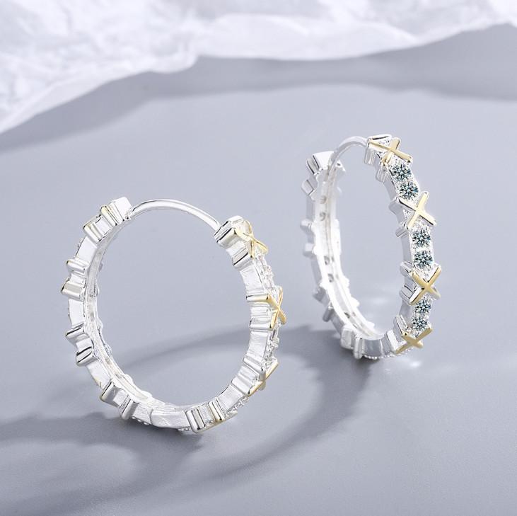 925 Sterling Silver Gold Tone CZ Cross Huggie Hoop Earrings 15mm/0.6″ Gift PE