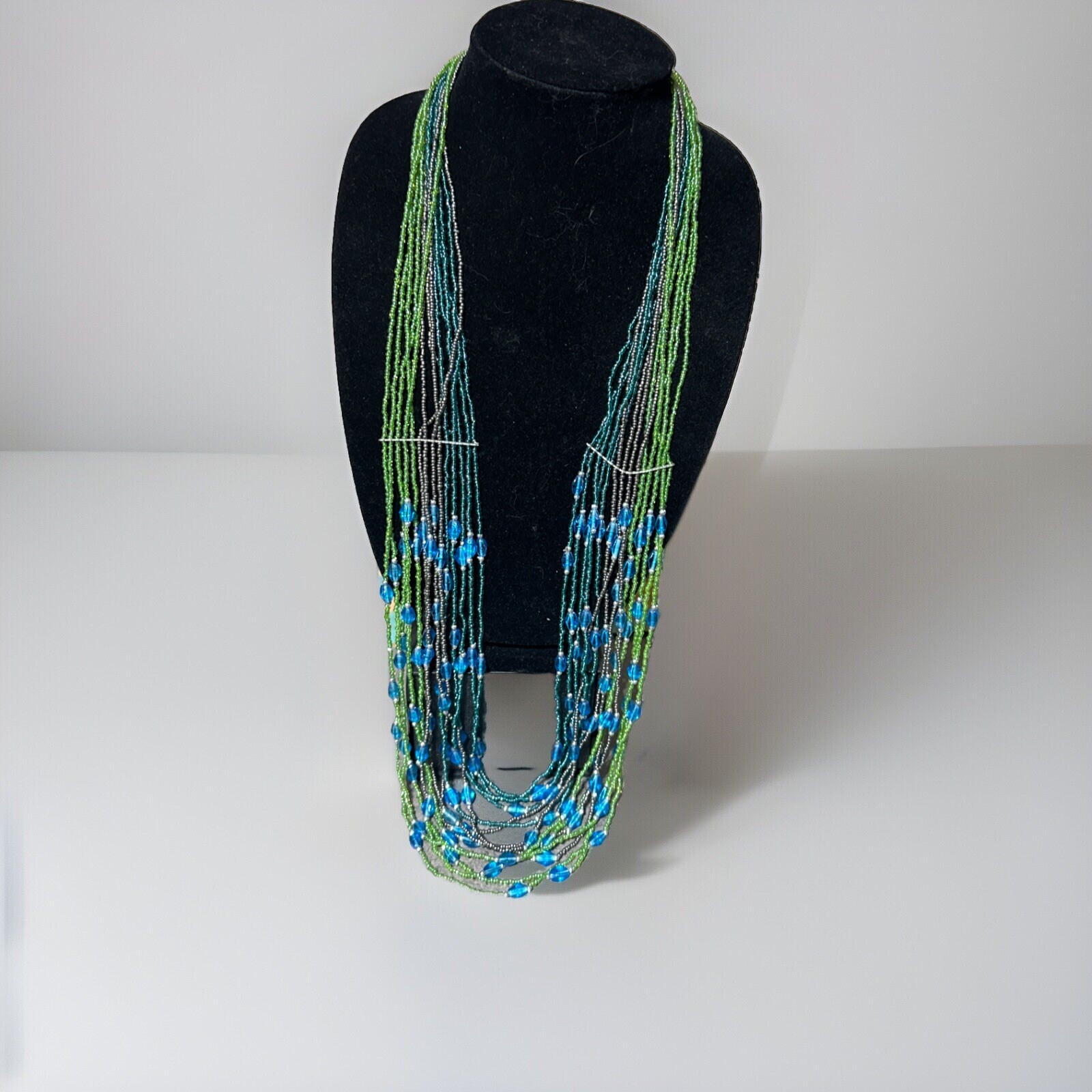 Seed Bead Multi Layered Necklace Large Statement Bohemian Blue Silver Color 40″