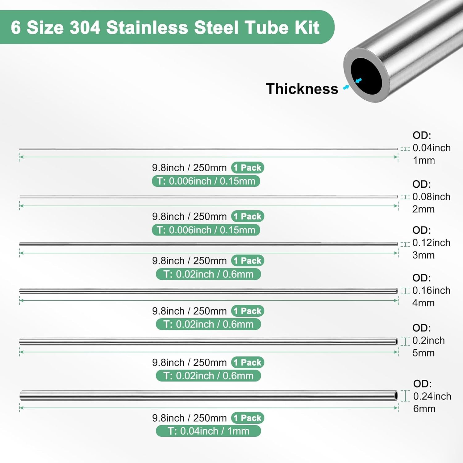 250mm 304 Stainless Steel Tube, 1mm 2mm 3mm 4mm 5mm 6mm OD 0.15/0.6/1mm Wall Thi