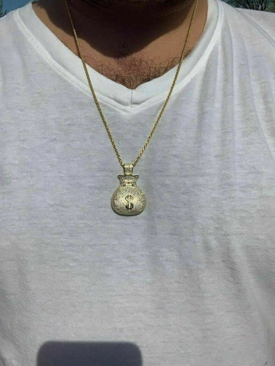 Solid 925 Silver 14k Gold Plated Money Bag CZ Dollar Sign Hip Hop Necklace