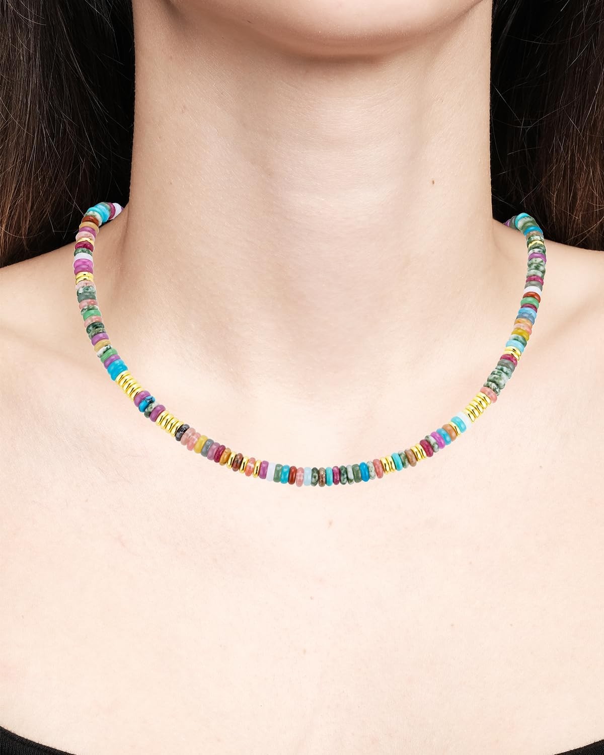 Boho Beaded Necklace for Women, Colorful Natural Stone Choker Necklace, 6MM