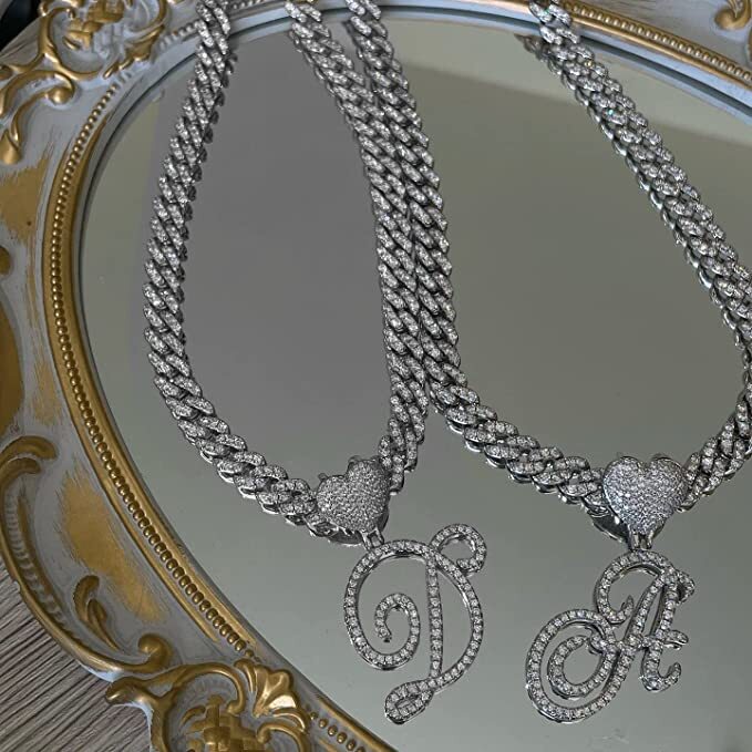 Alphabet Initial Letter Silver Plated Alloy Cubic Zirconia Cuban Chain Necklace