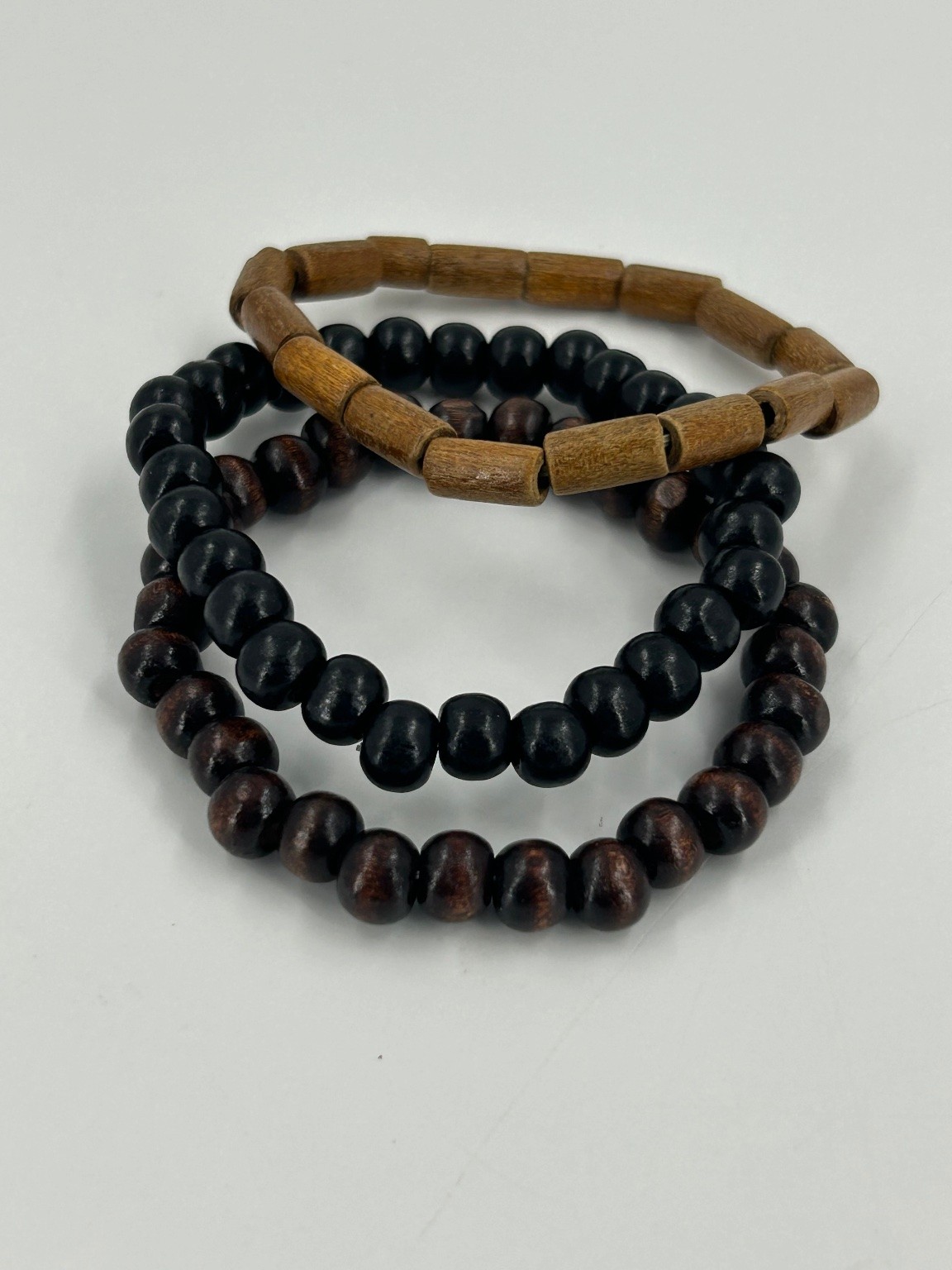 Wood Beaded Stretch Bracelet Set Natural Earth Tones Approx 2.5″ Diameter