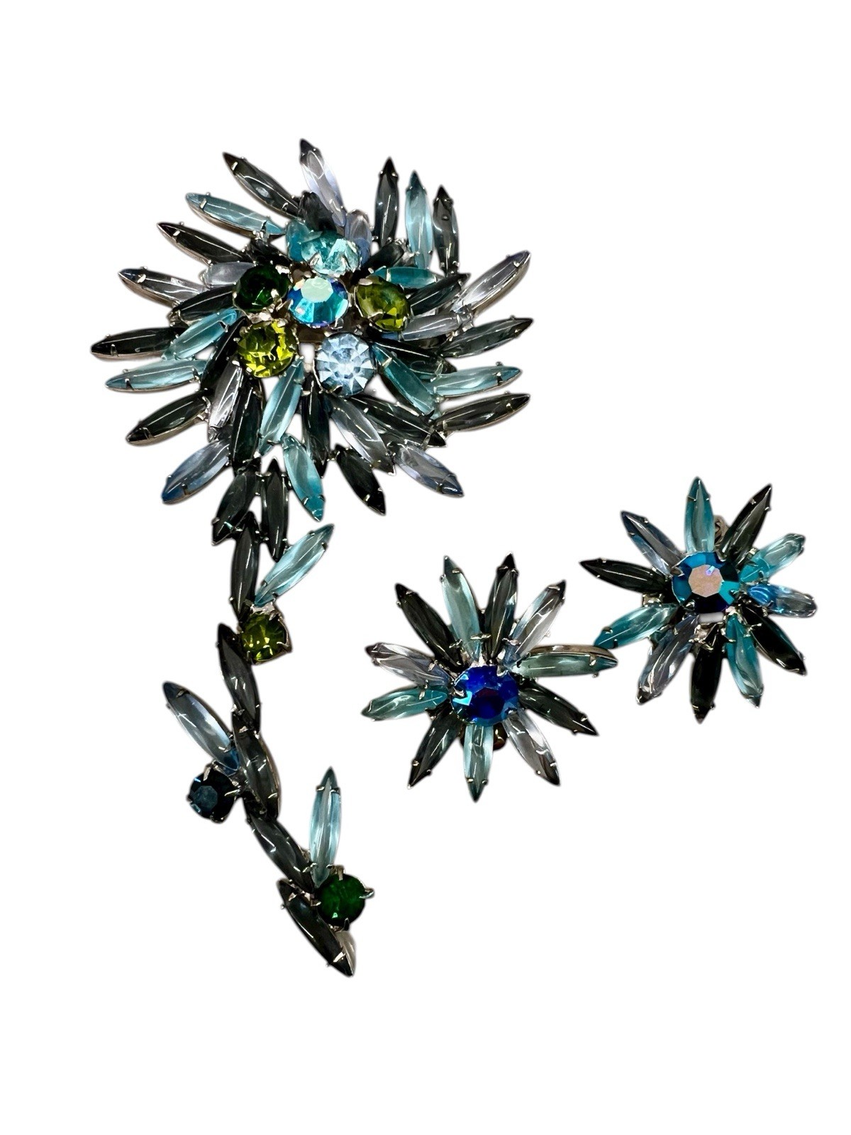 Vintage SCHREINER Unsigned Flower Blue Navettes Rhinestone Brooch & Earrings