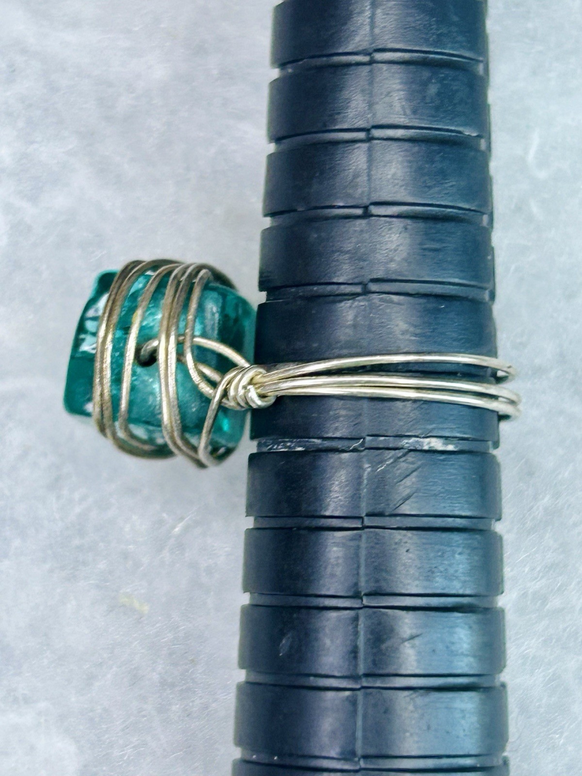 Vintage Artisan Wire Wrapped Aqua Glass Statement Ring (c. 2000s–2010s)