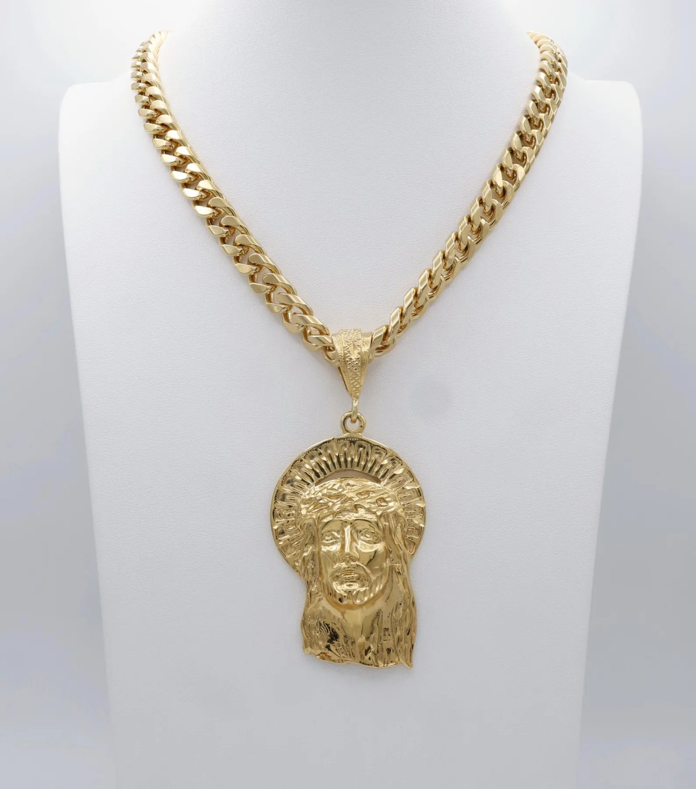 Jumbo Jesus Necklace, 14k Heavy Gold Plated, 10mm Cuban Style Chain