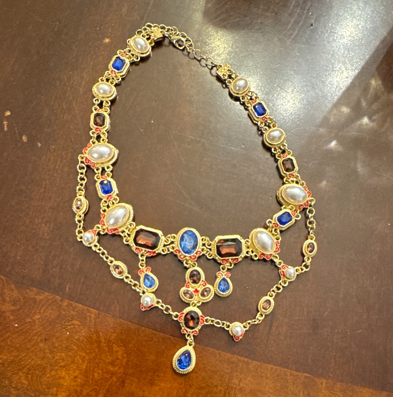 Gold Tone Statement Multi-Strand Necklace Simulated Pearls Crystal Teardrop