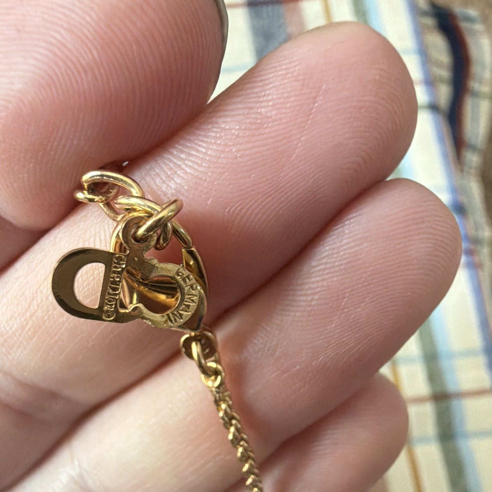 Dior Signed Gold Tone Rope Chain Oval Pendant Pavé Clear Crystal Necklace