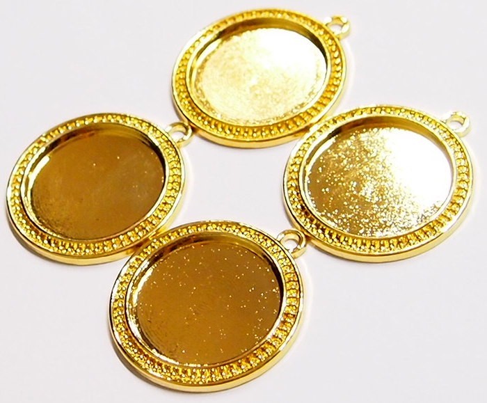 4 of 30mm Round Shiny Gold Victorian Art Deco Beaded Pendant Settings 44x38mm