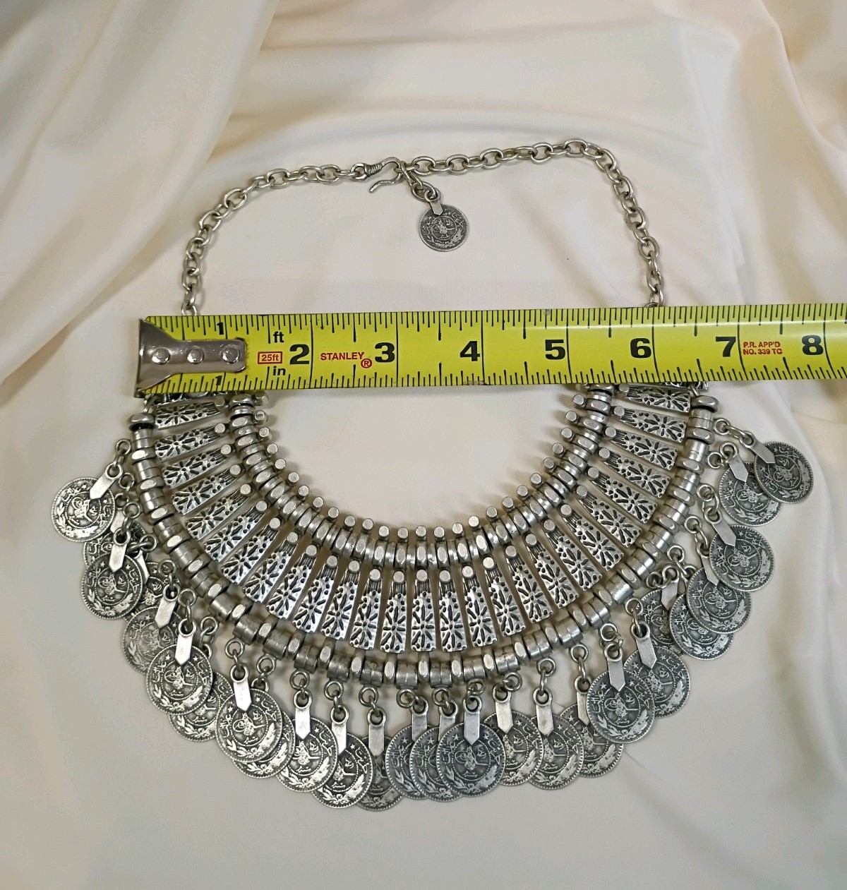 Silver Tone Metal Coin Charm Statement Bib Collar Necklace Cable Chain Hook