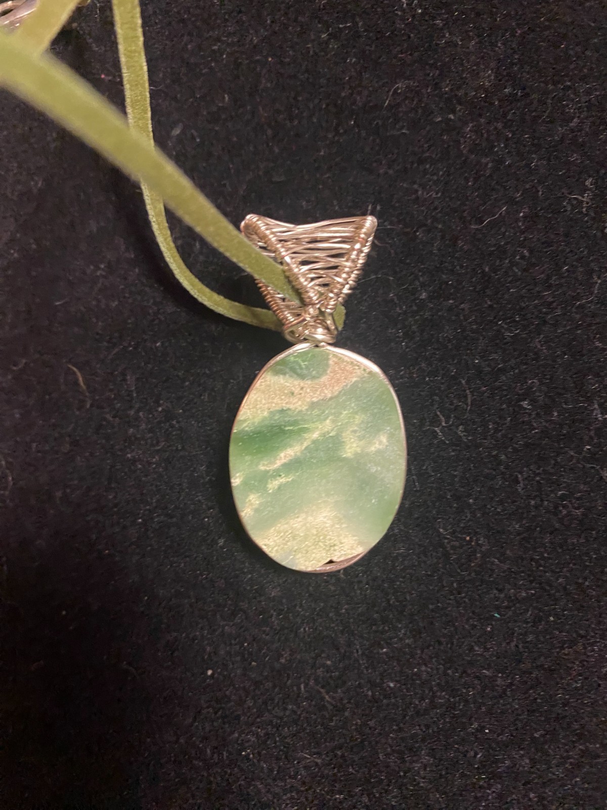 Green & Cream Colored Jade Oval Cabochon Silver Wire Wrap Pendant Suede Band