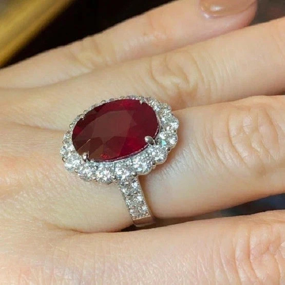 4.80 Ct Oval Cut Natural Ruby & Diamond Wedding Ring 14K White Gold