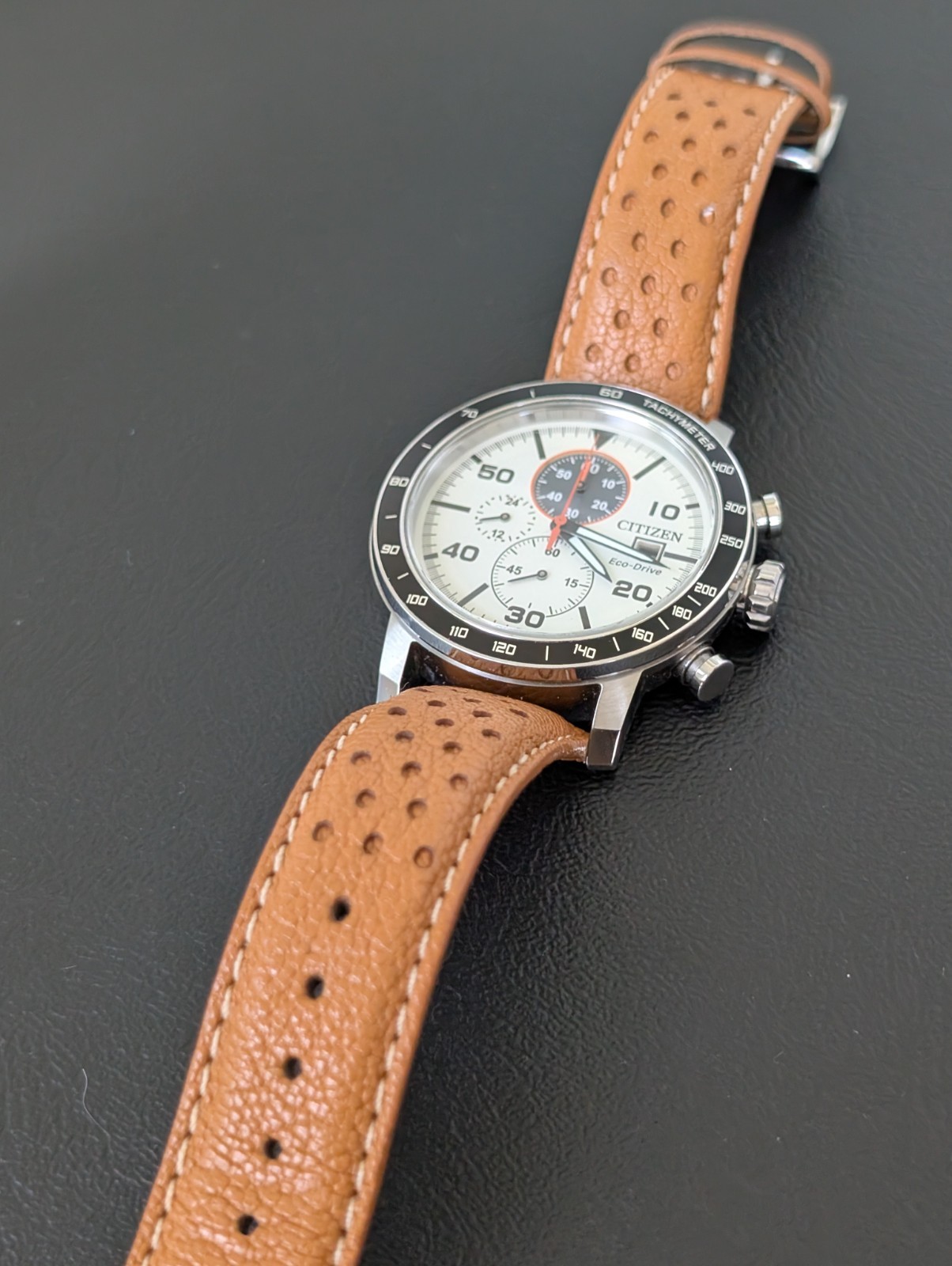 CITIZEN ECO DRIVE MAN’S BRYCEN CHRONOGRAPH LEATHER STRAP WATCH CA0649-06X