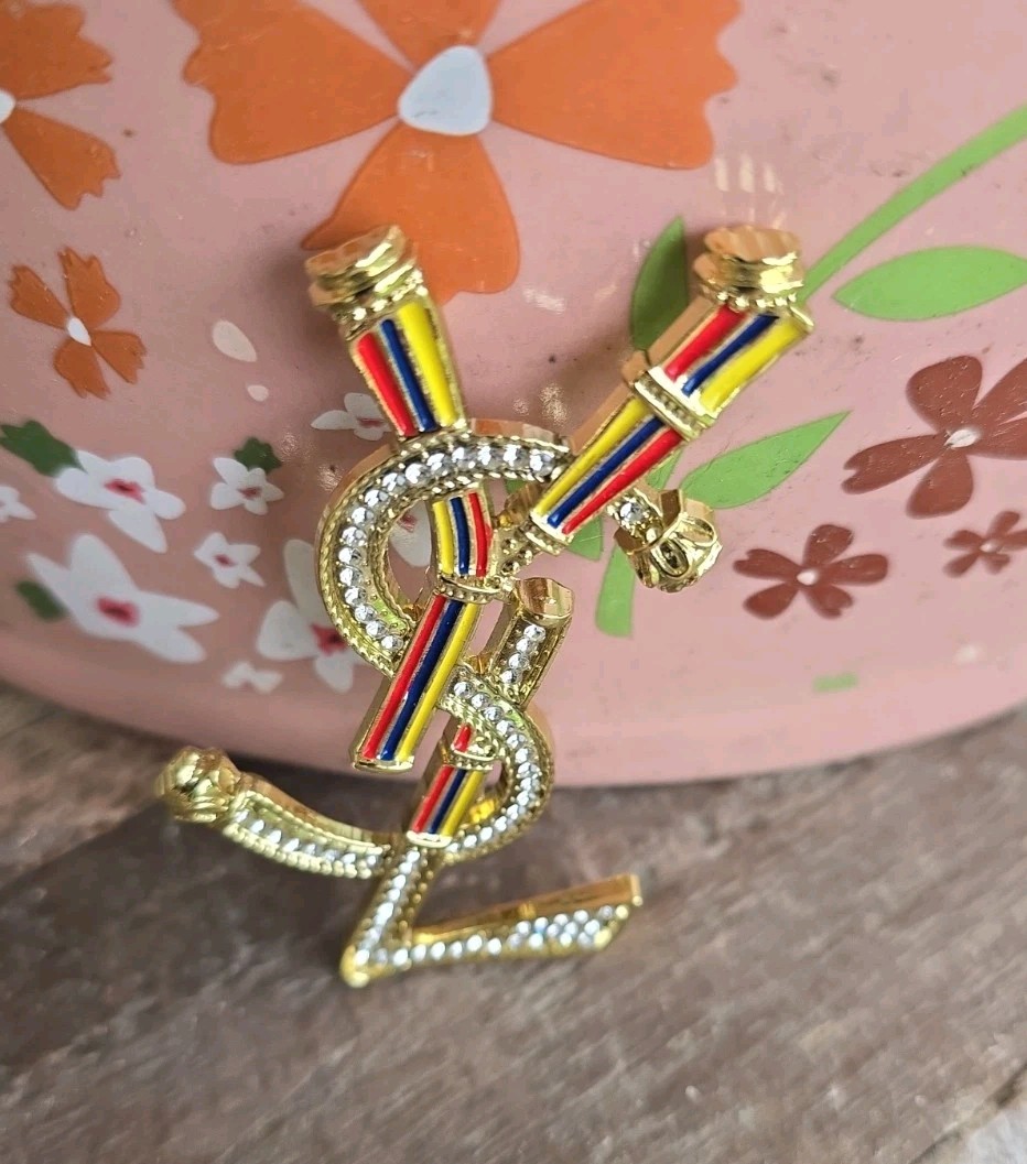 YSL Yes Saint Laurent Paris Brooch Pin Multi Color Gold Tone & Rhinestones