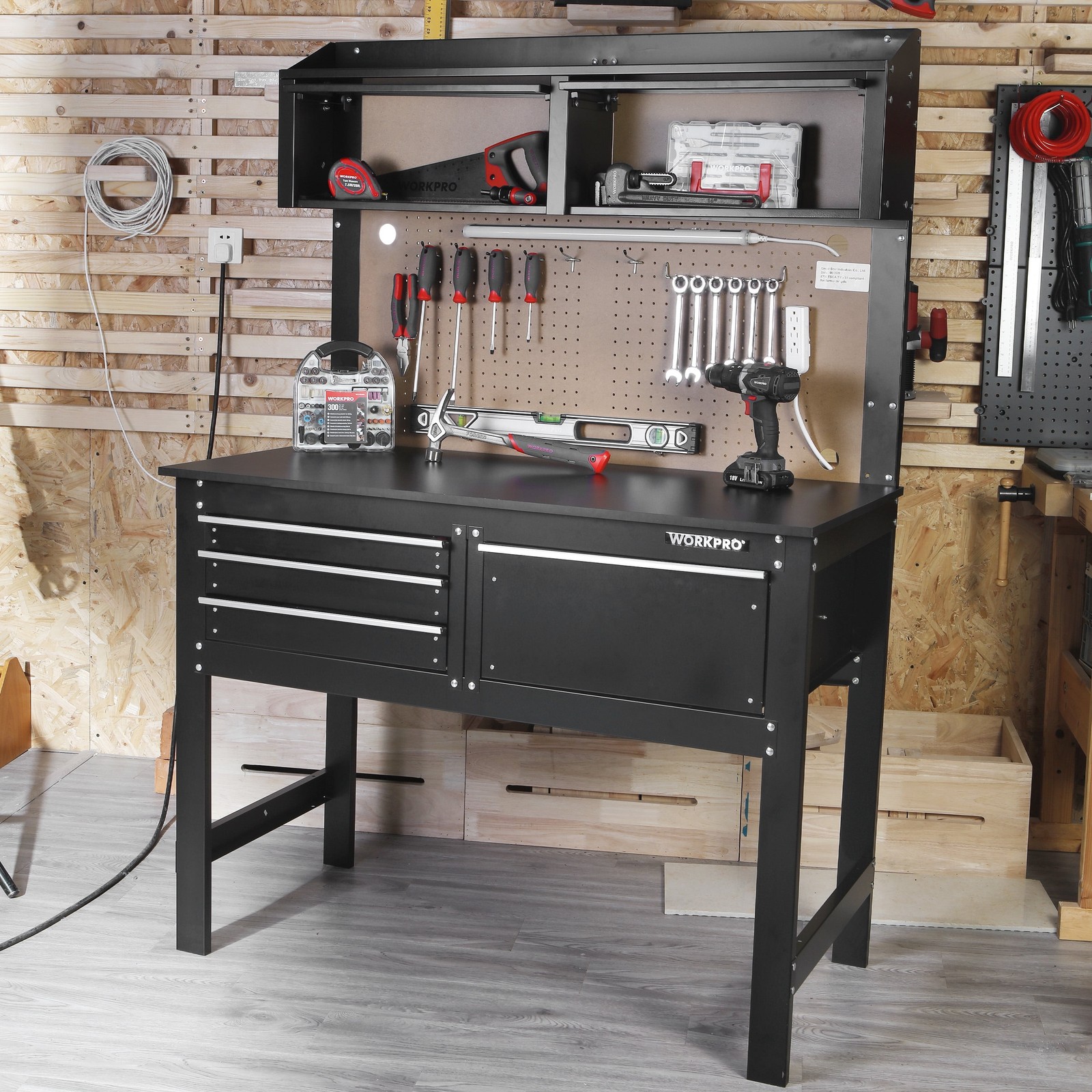 2-in-1 Workbench Cabinet Combo W/ Work Light 48in Rust Resistant Tool Storage